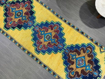 Wool Antique Runner Rug 2.2 x 7.2 Turkish Runner Rug Vintage Runner Rug Old Hallway Runner Rug Kitchen Runner Rug Yellow Wool Runner Rug