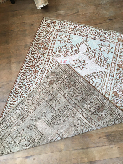 3x5 feet handmade antique persian motif rug, wool medium blue muted turkish living room rug, bohemian style kitchen floor rug, vintage rug