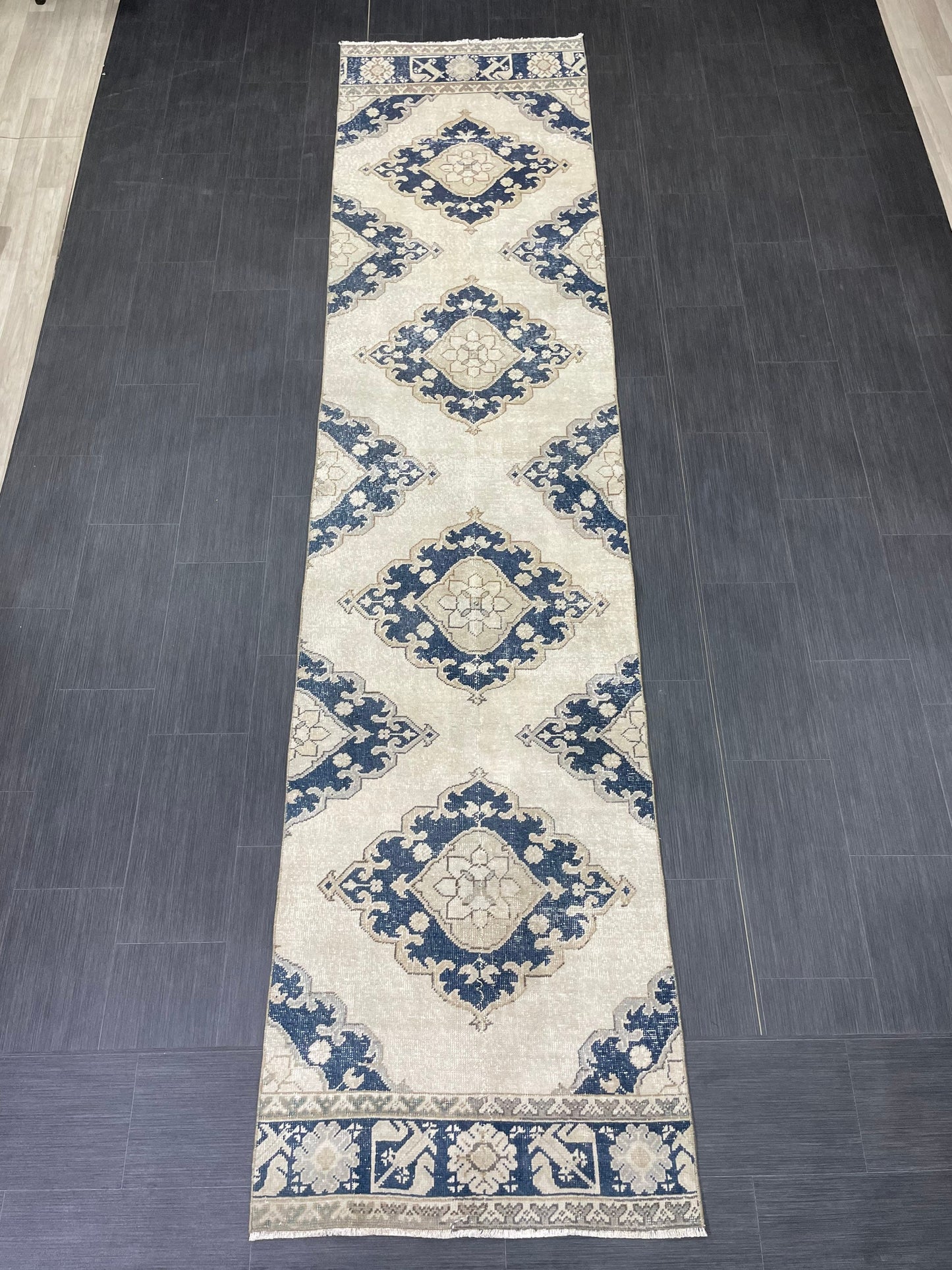 WOOL Handmade Runner Rug Turkish Runner Rug 2.7 x 12.3 Muted Vintage Hallway Runner Rug Kitchen Runner Rug Persian Runner Rug Navy