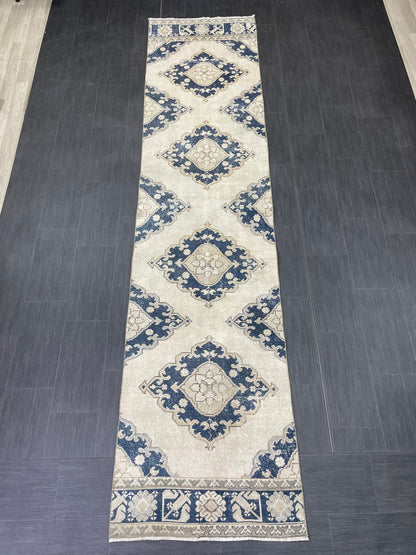 WOOL Handmade Runner Rug Turkish Runner Rug 2.7 x 12.3 Muted Vintage Hallway Runner Rug Kitchen Runner Rug Persian Runner Rug Navy