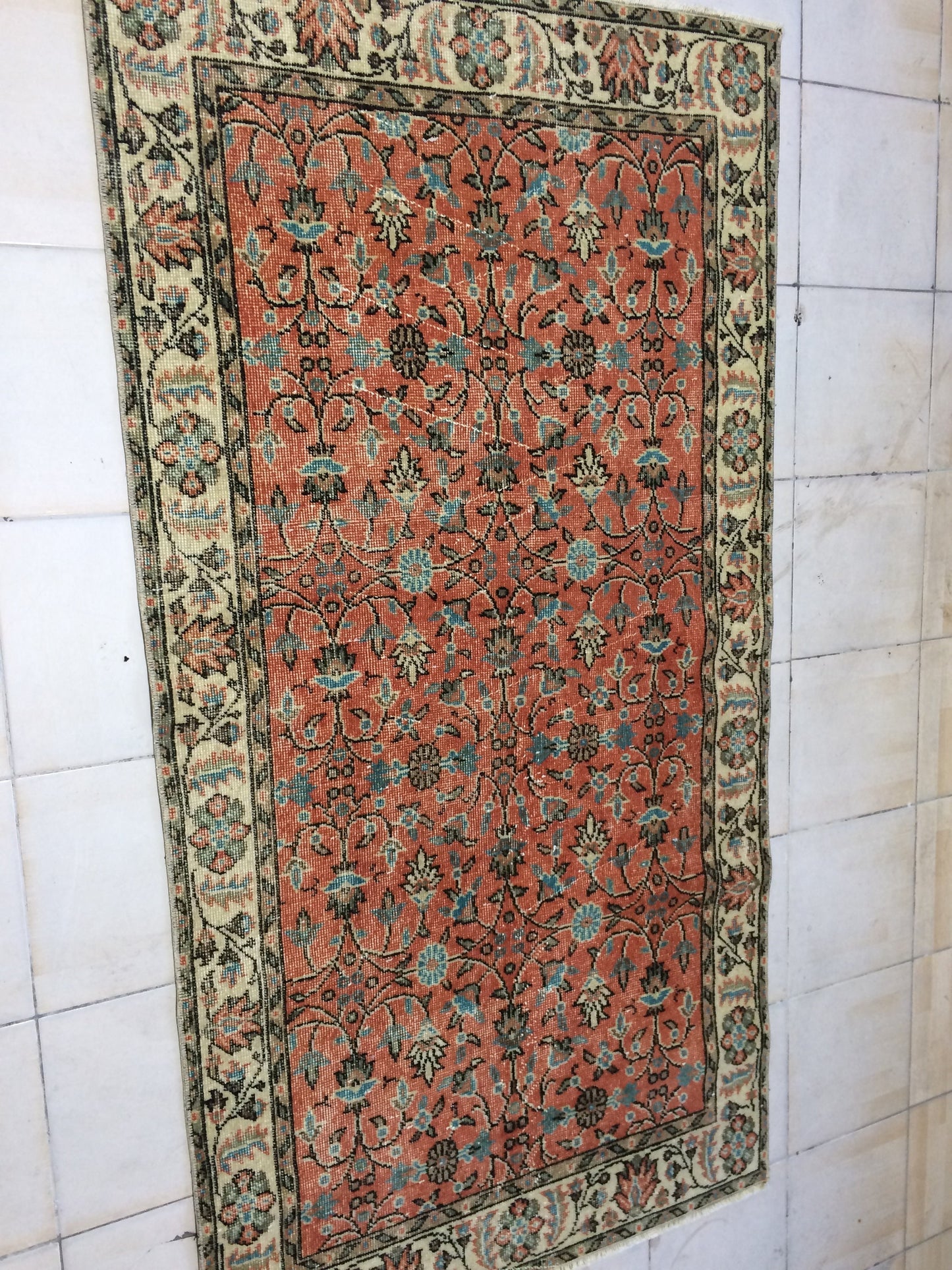 3.5 x 7 Rug Turkish Rug Eclectic Rug Shabby Chic Rug, Rustic Rug,Floral Boho Rug, Rug Runner,  Farmhouse Rug, Vintage Rug, Orange Rug