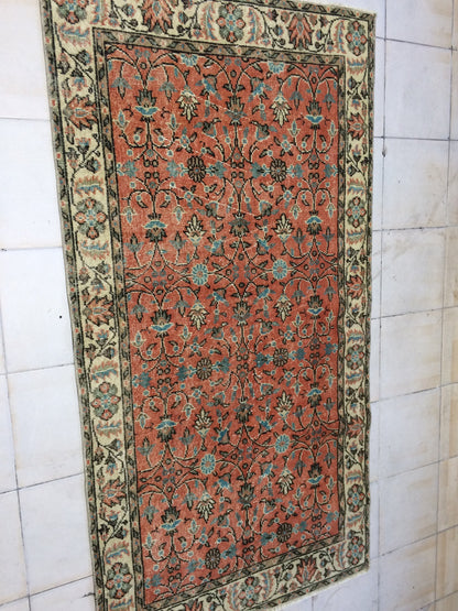 3.5 x 7 Rug Turkish Rug Eclectic Rug Shabby Chic Rug, Rustic Rug,Floral Boho Rug, Rug Runner,  Farmhouse Rug, Vintage Rug, Orange Rug