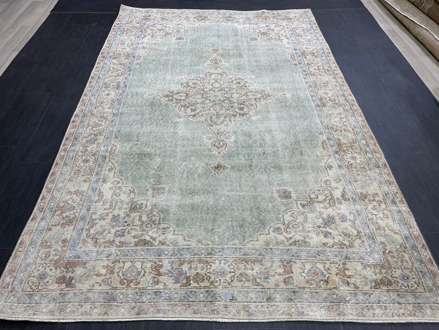 Green Vintage Rug Vintage 5.6 x 8.8 Hand Knotted Rug Wool Oushak Rug Hand Made Rugs Vintage Turkish Rug Persian Rug Distressed Rug
