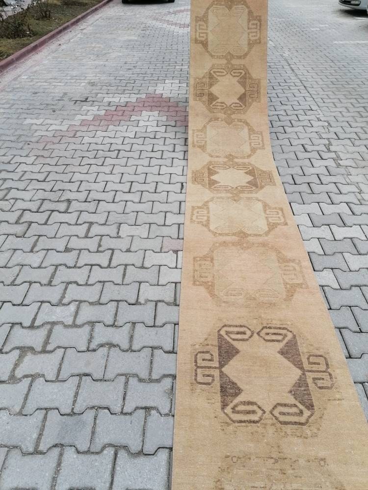 21'4x2'7 long handmade wool runner, neutral oushak runner rug,hallway vintage runner rug,