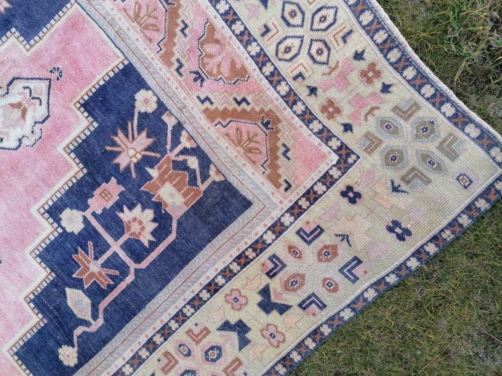 Vintage blue rug, large turkish oushak rug 6'1x9'6 living room rug, handmade wool rug