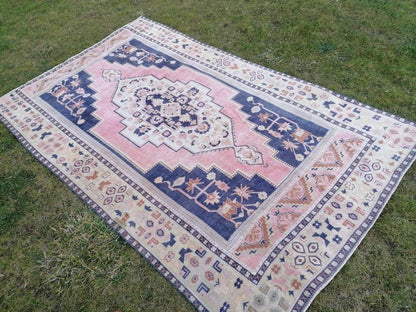 Vintage blue rug, large turkish oushak rug 6'1x9'6 living room rug, handmade wool rug