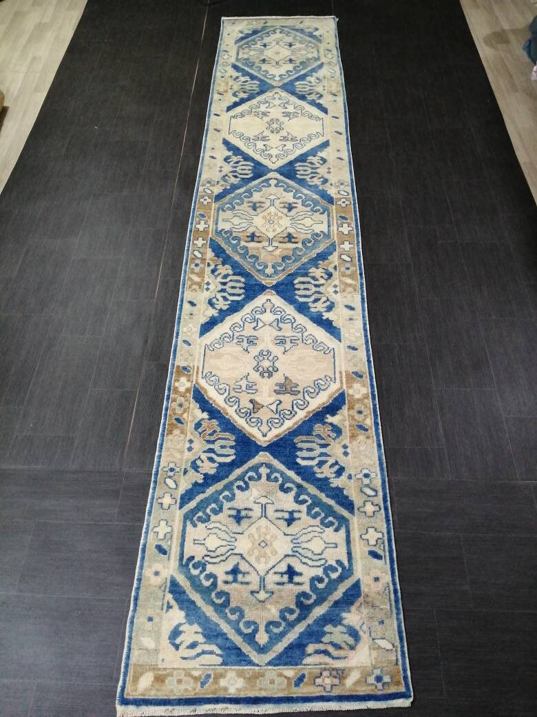 Blue Turkish Oushak Runner 2.8 x 14.5 Turkish Runner Rug XL Vintage Runner Rug Long Hallway Runner Rug Kitchen Runner High Wool Pile Runner