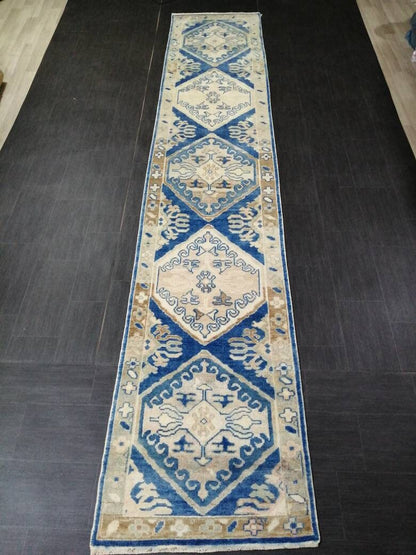 Blue Turkish Oushak Runner 2.8 x 14.5 Turkish Runner Rug XL Vintage Runner Rug Long Hallway Runner Rug Kitchen Runner High Wool Pile Runner