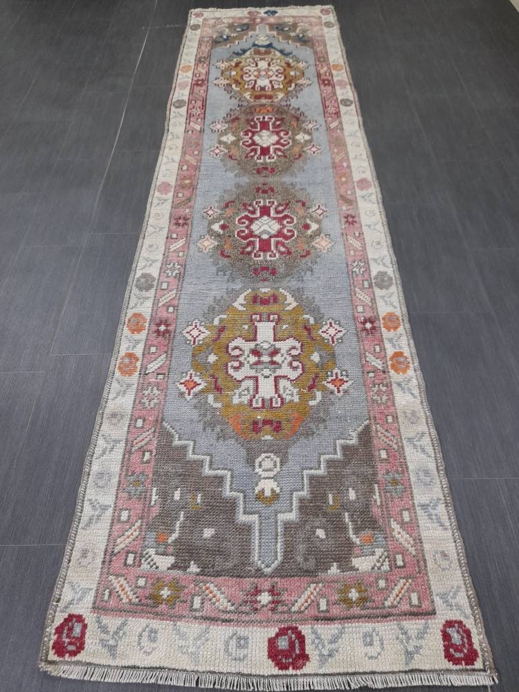 Vintage Oushak Runner Rug 2.6 x 10 Turkish Runner Rug Vintage Oriental Muted Runner Rug Runner Rug Soft Wool Runner Blue Vintage Runner Rug