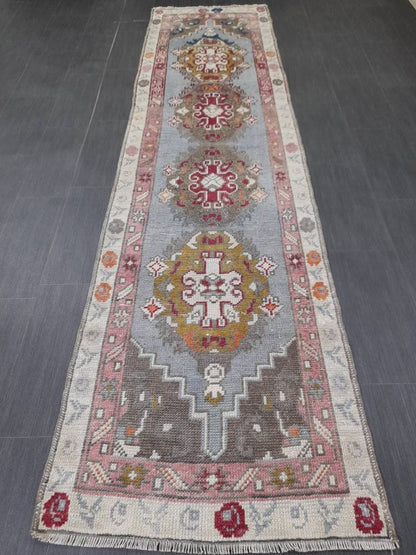 Vintage Oushak Runner Rug 2.6 x 10 Turkish Runner Rug Vintage Oriental Muted Runner Rug Runner Rug Soft Wool Runner Blue Vintage Runner Rug