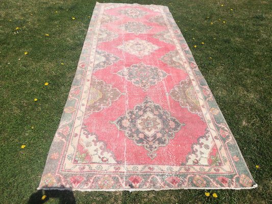 4x12 Vintage Runner rugs, Muted Runner RUG, TURKISH Runner, Pink Runner Rug, Pastel Oushak Rug ,Wool Runner Rugs, Oriental Runner  Rug