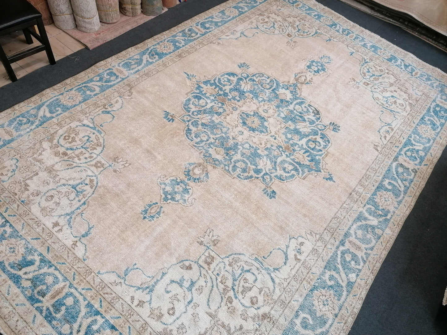 7 x 11 feet, oushak turkish rug, blue hand knotted rug, vintage anatolian rug,unique handmade rug,bohemian rug