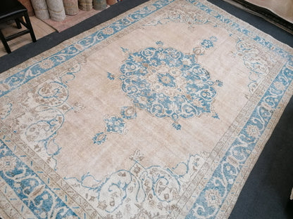 7 x 11 feet, oushak turkish rug, blue hand knotted rug, vintage anatolian rug,unique handmade rug,bohemian rug