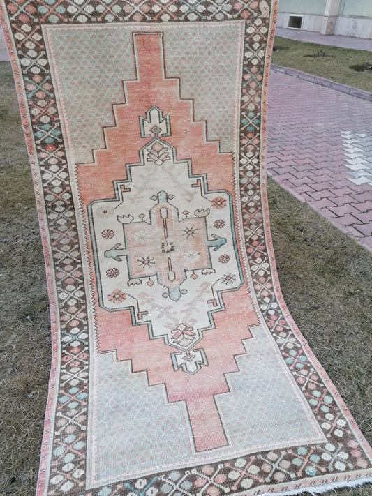 Muted soft colors rug 7'3x3'8  faded turkish rug, vintage turkish rug, soft oushak vintage rug, pastel kitchen rug