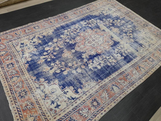 Antique Distressed RUG Wool Distressed TURKISH Rug 6.6 x 9.6 Blue Vintage Rug Vintage Rug Wool Oushak Rug Hand Made Rug Hand Knotted Rug