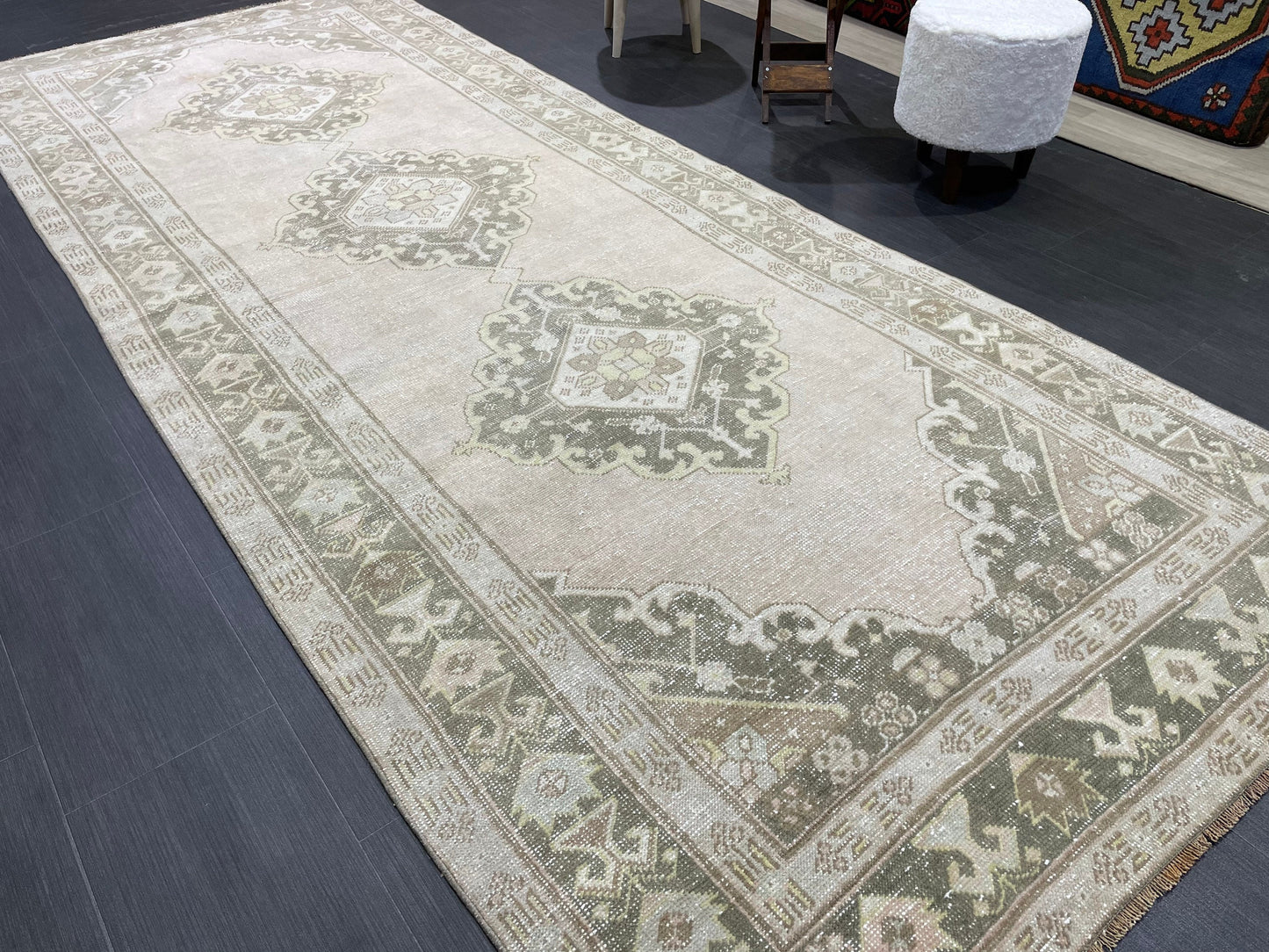 Muted Oushak Runner Rug Vintage Turkish 4.6 x 11.2 Runner Rug Vintage Runner Rug Hallway Runner Rug Kitchen Runner Rug Wool Runner Rug