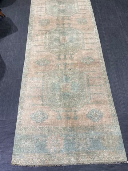 Muted OUSHAK RUG TURKISH 2.9 x 13.2 Rug Runner Vintage Runner Rug Vintage Runner Rug Wool Oushak Rug Hand Made Rugs Vintage Turkish Runner