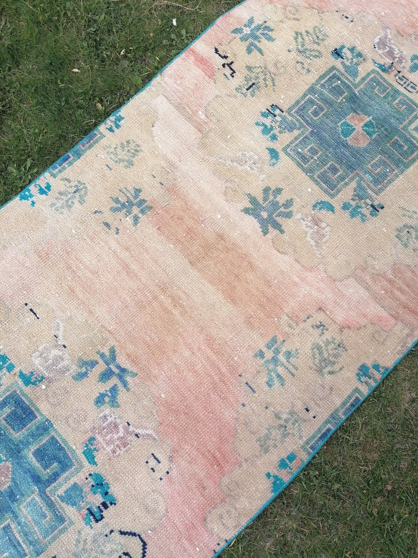 3 x 12 Turkish wool runner rug, blue runner rug, vintage runner rug, kitchen runner rug,hallway runner rug, oushak runner