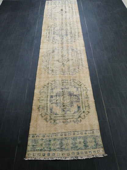 10.9 x 2.4 Faded Oushak Runner Rug Turkish Runner Rug Vintage Runner Rug Hallway Runner Rug Kitchen Runner Wool Runner Rug Wool Oushak Rug