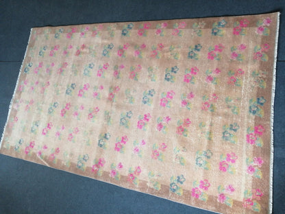 4.8 x 8 Floral OUSHAK RUG TURKISH Muted Rug Vintage Pink Floral Rug Vintage Runner Rug Wool Oushak Rug Hand Made Rugs Vintage Turkish Rug