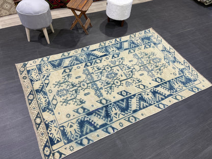 Hand Knotted Rug, Vintage Handmade RUG, Muted Vintage 3.8 x 6.2 Rug, Fine Rug, Wool Oushak Rug, Vintage Persian Rug, Turkish Blue Rug.