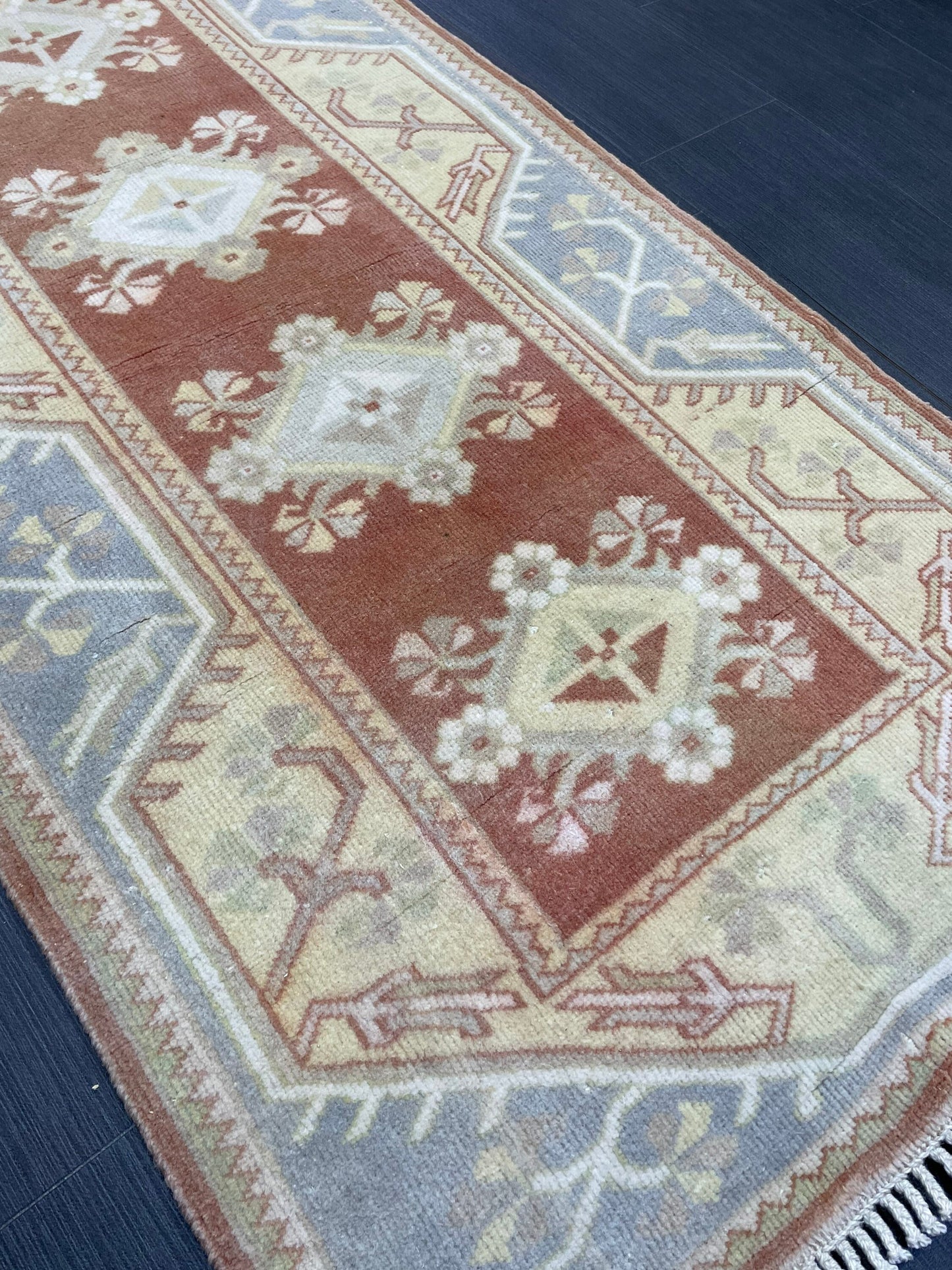 Vintage Hand Knotted Rug, Natural Wool Runner 2.7 x 10.5 Rug, Handmade Runner Rug, Turkish Runner Rug, Muted Runner Rug, Wool Kitchen Runner