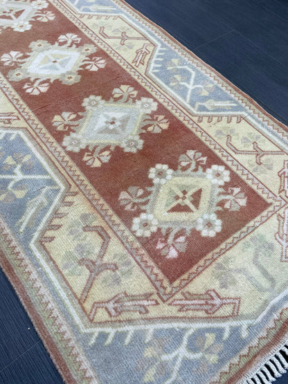 Vintage Hand Knotted Rug, Natural Wool Runner 2.7 x 10.5 Rug, Handmade Runner Rug, Turkish Runner Rug, Muted Runner Rug, Wool Kitchen Runner