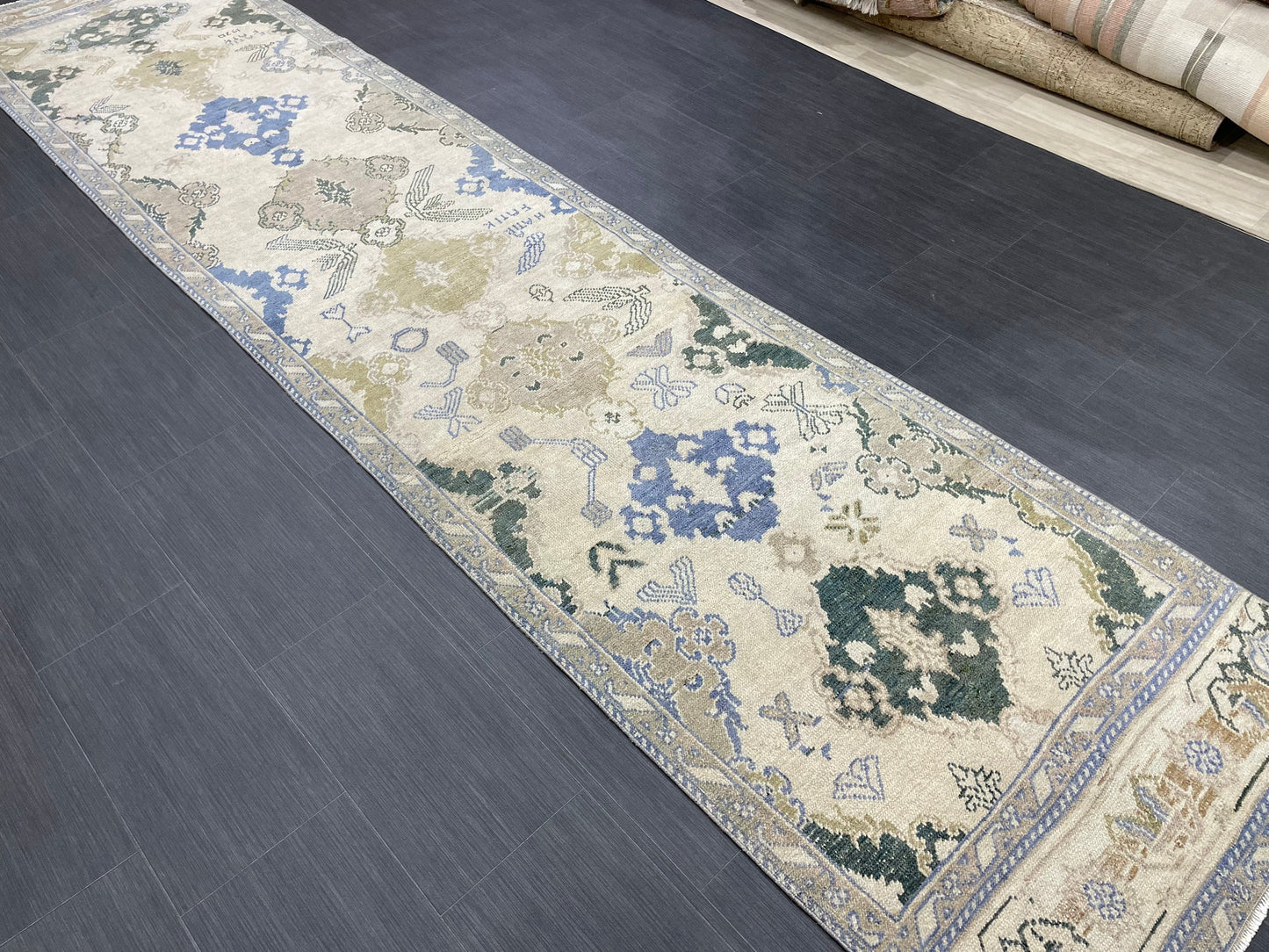 Blue Green Turkish Oushak Runner Rug  3x13 ft Turkish Runner Rug XL Vintage Runner Rug Long Hallway Runner Rug Kitchen Runner Wool Pile