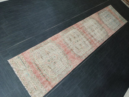 2.4 x 10.9 Distressed Oushak Runner Rug Turkish Runner Rug Vintage Runner Rug Hallway Runner Rug Kitchen Runner Rug Wool Runner Rug Wool