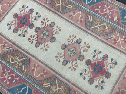 Hand Knotted Oushak Rug 6.8 x 10.3 Vintage Rug Handmade Turkish Rug Persian Rug Vintage Rug, Wool  Blue and Pink Rug Large Rug