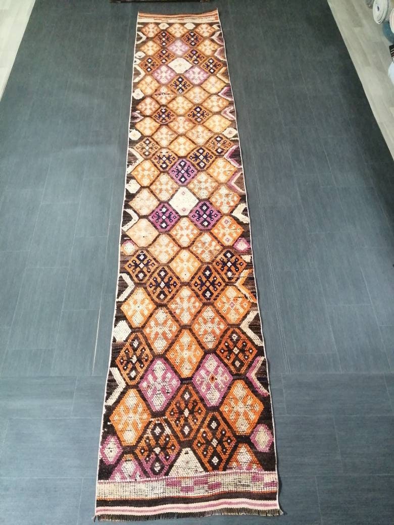 Vintage Runner Rug 2.6 x 13.6 Turkish runner rug , Medium Wool Pile Runner , Brown Oushak rug, Hallway Rug runner , Earth Tones Runner Rug
