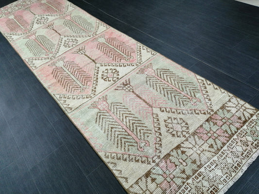 Muted Oushak Runner Rug 11.3 x 3  Pink and Green Vintage Runner Rug Distressed Hallway Runner Rug Kitchen Runner Rug Wool Runner Rug