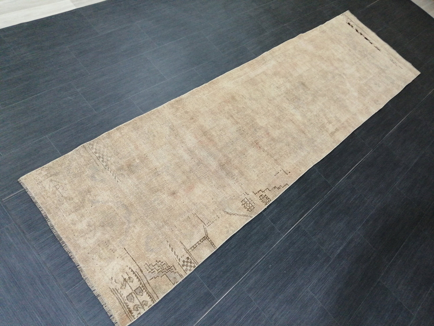 Muted Oushak Runner 2.7 x 9.8 Rug Turkish Runner Rug Faded Vintage Runner Rug Hallway Runner Rug Neutral Kitchen Runner Rug Wool Runner Rug