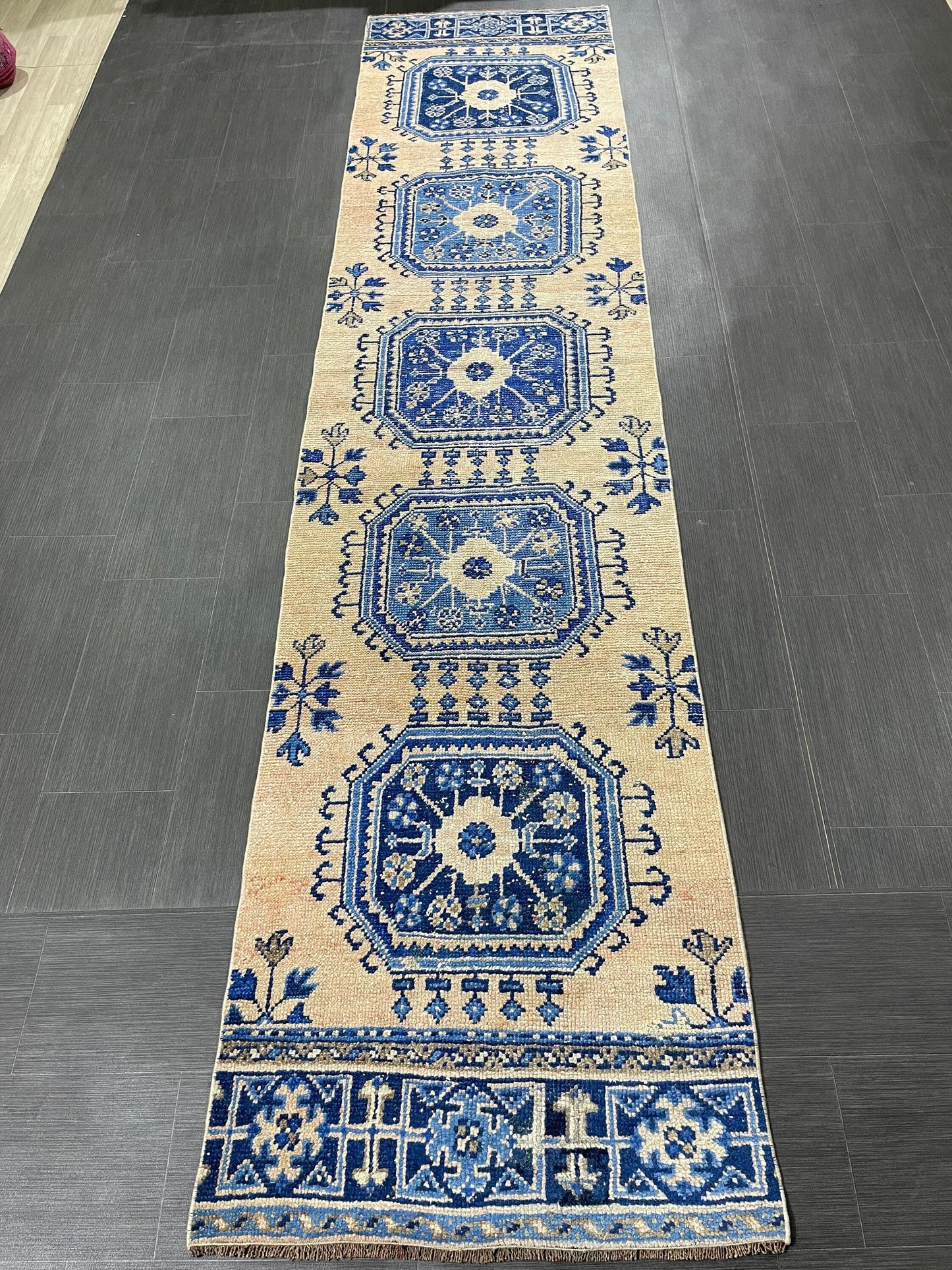 Blue and Blue Vintage Runner Rug Vintage Oushak Runner Rug 2.7 x 12  Hallway Runner Rug Turkish Kitchen Runner Antique Oriental Runner Rug