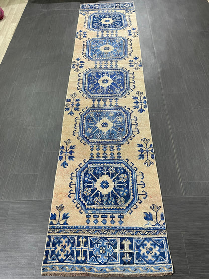 Blue and Blue Vintage Runner Rug Vintage Oushak Runner Rug 2.7 x 12  Hallway Runner Rug Turkish Kitchen Runner Antique Oriental Runner Rug