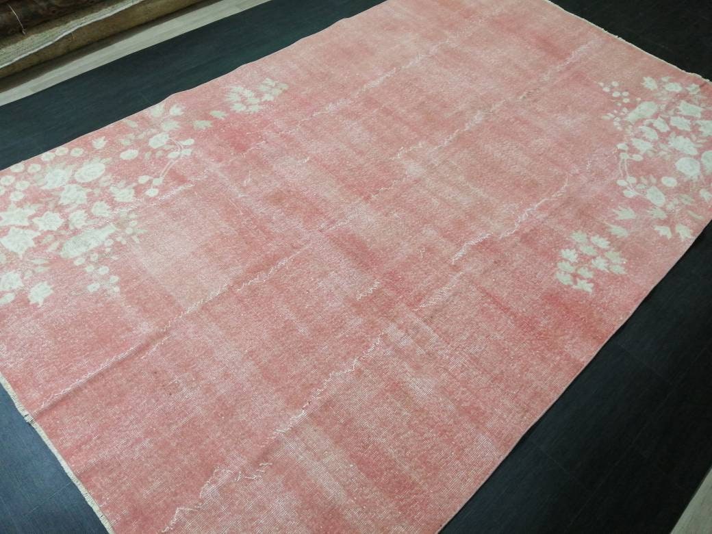Pink Vintage Rug 6.6 x 10.6 TURKISH HAND MADE Rugs   Vintage Turkish Rugs  Pink Orient Rug Persian Rug, Vintage Oushak Rug, Wool Rug