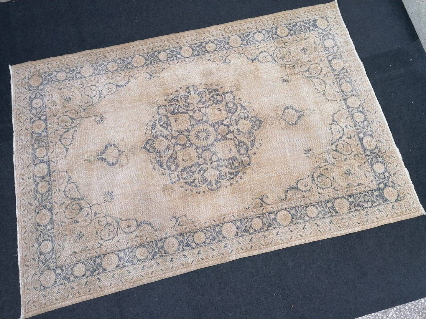 7x10'2 large oushak rug, vintage blue rug, muted turkish rug, hand made vintage wool rug, living room rug, bohemian rug