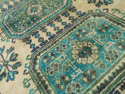 Green Blue Beige Oushak Runner Rug 11.8 x 2.8 Turkish Runner Rug Vintage Runner Rug 3x12 Hallway Runner Rug Kitchen Runner Rug Wool Runner