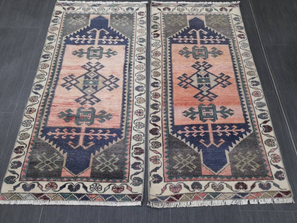 Coordinating Small Rug Turkish Rug Mini Twin Small Area Rug 1.7 x 3.5 Turkish Pair of Persian Hand Made Rug Matching Oriental Vintage Rug