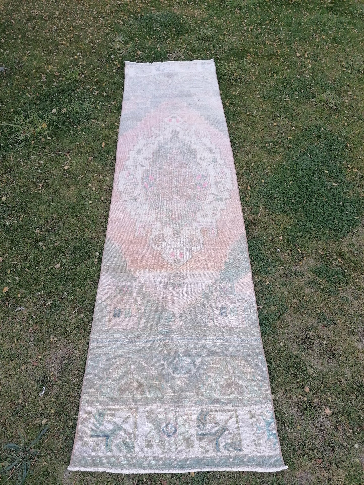Pastel vintage runner rug, oushak wool runner 2'5x9'7 hallway handmade runner, turkish runner rug, entery runner, kitchen runner