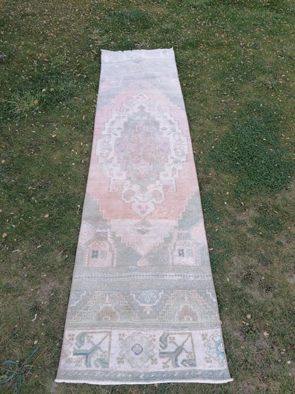 Pastel vintage runner rug, oushak wool runner 2'5x9'7 hallway handmade runner, turkish runner rug, entery runner, kitchen runner