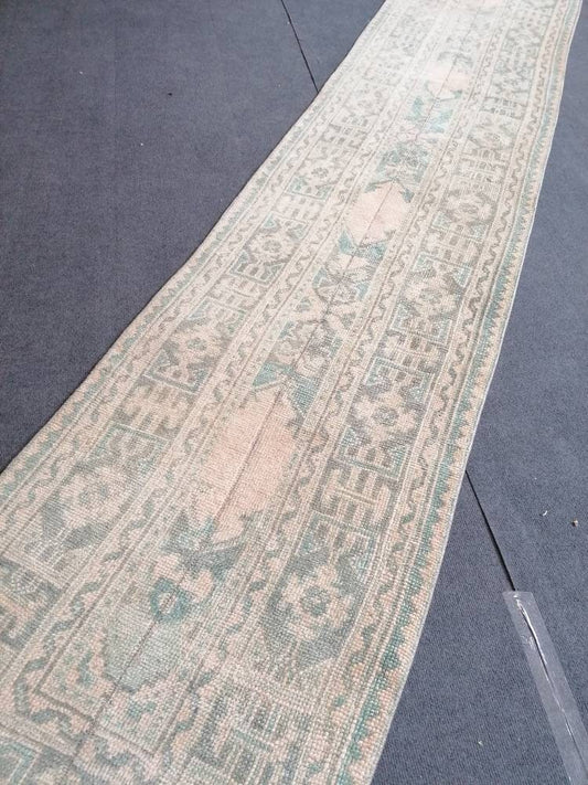 Runner rug, green soft colors rug, vintage runner 2'4x12'4 hallway runner