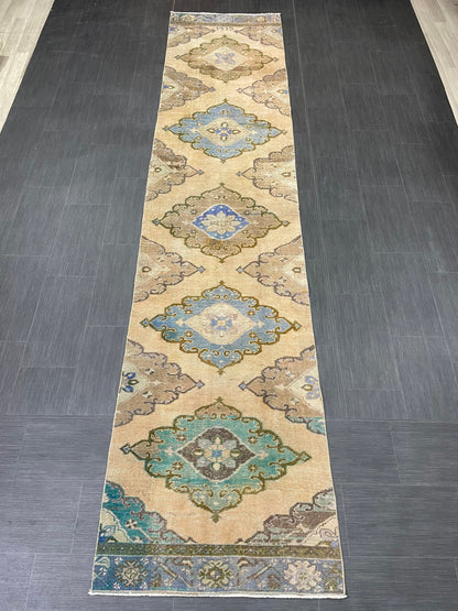 MUTED Hand Knotted Runner Antique Runner TURKISH Runner 2.8 x 12.8 Vintage  Hallway Runner Rug Muted Runner Rug Kitchen Rug Runner