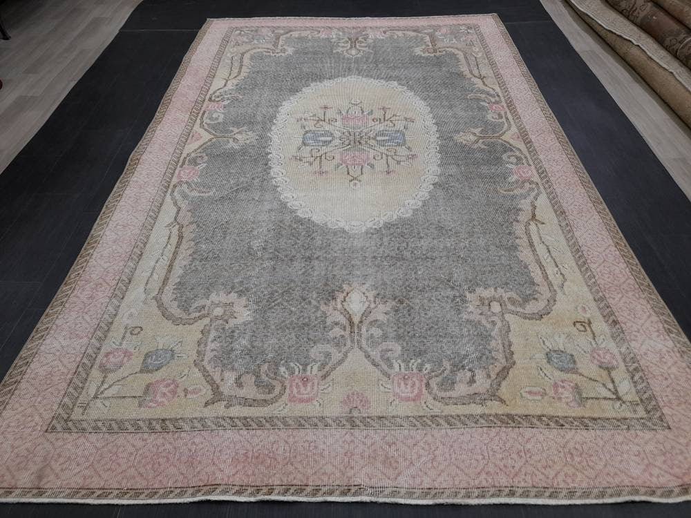 Floral Vintage OUSHAK RUG Antique TURKISH Rug Vintage Distressed Oriental Rug 6.6 x 10.4 Wool  Rug Hand Made Vintage Rug 7x10 Turkish Rug