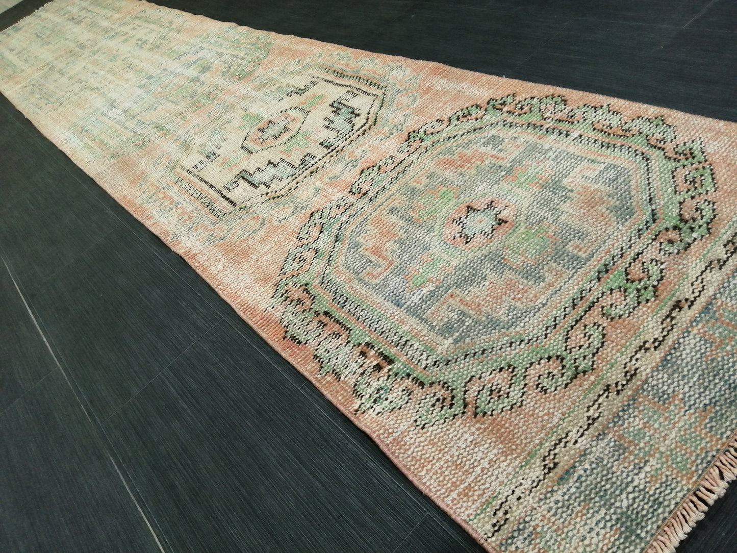 11.9x2.2 Distressed Runner Rug Turkish Runner Rug Muted Vintage Runner Rug  Faded Hallway Runner Rug Kitchen Runner Rug Wool Runner Rug