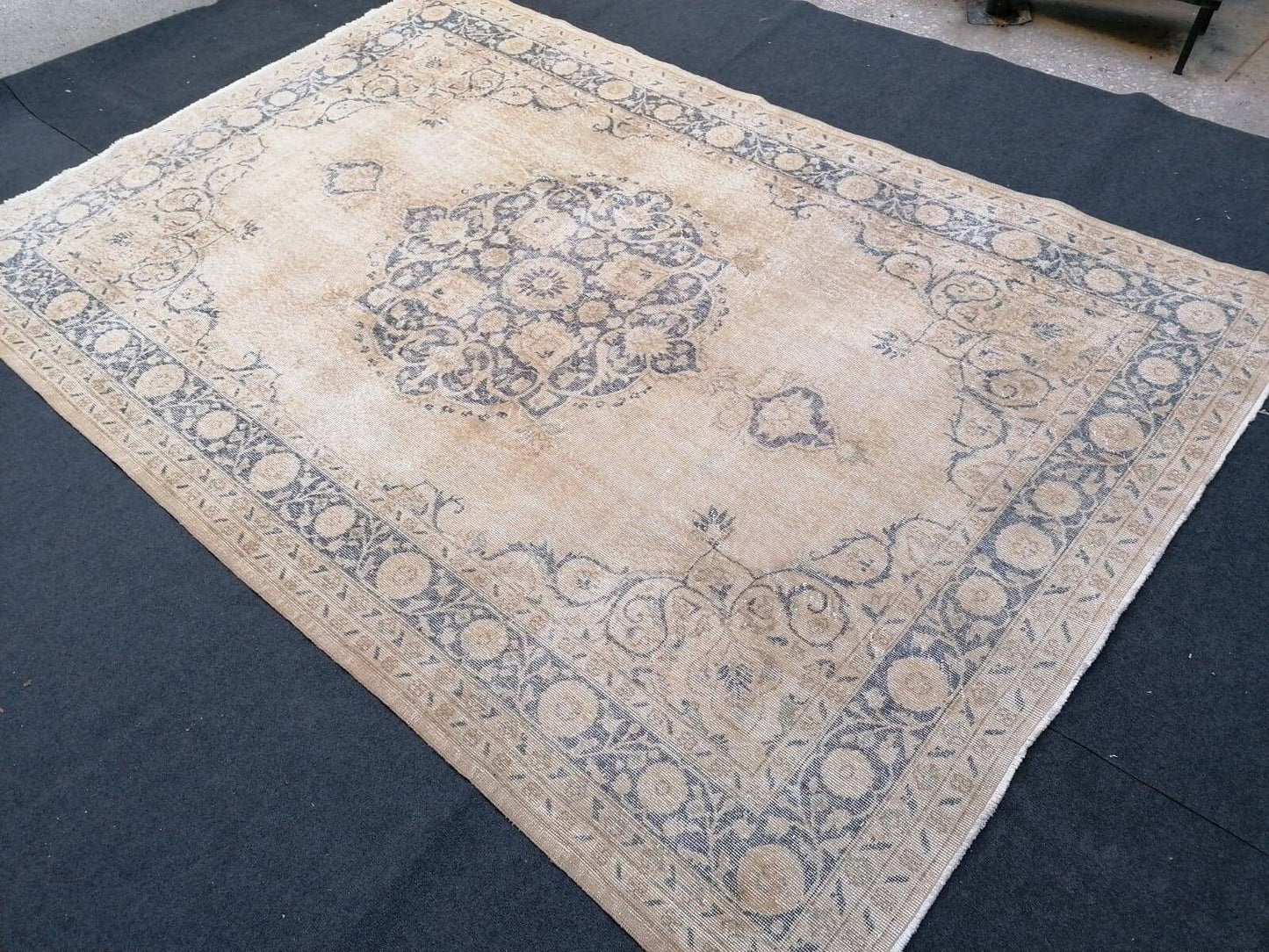 7x10'2 large oushak rug, vintage blue rug, muted turkish rug, hand made vintage wool rug, living room rug, bohemian rug