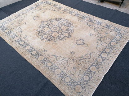 7x10'2 large oushak rug, vintage blue rug, muted turkish rug, hand made vintage wool rug, living room rug, bohemian rug