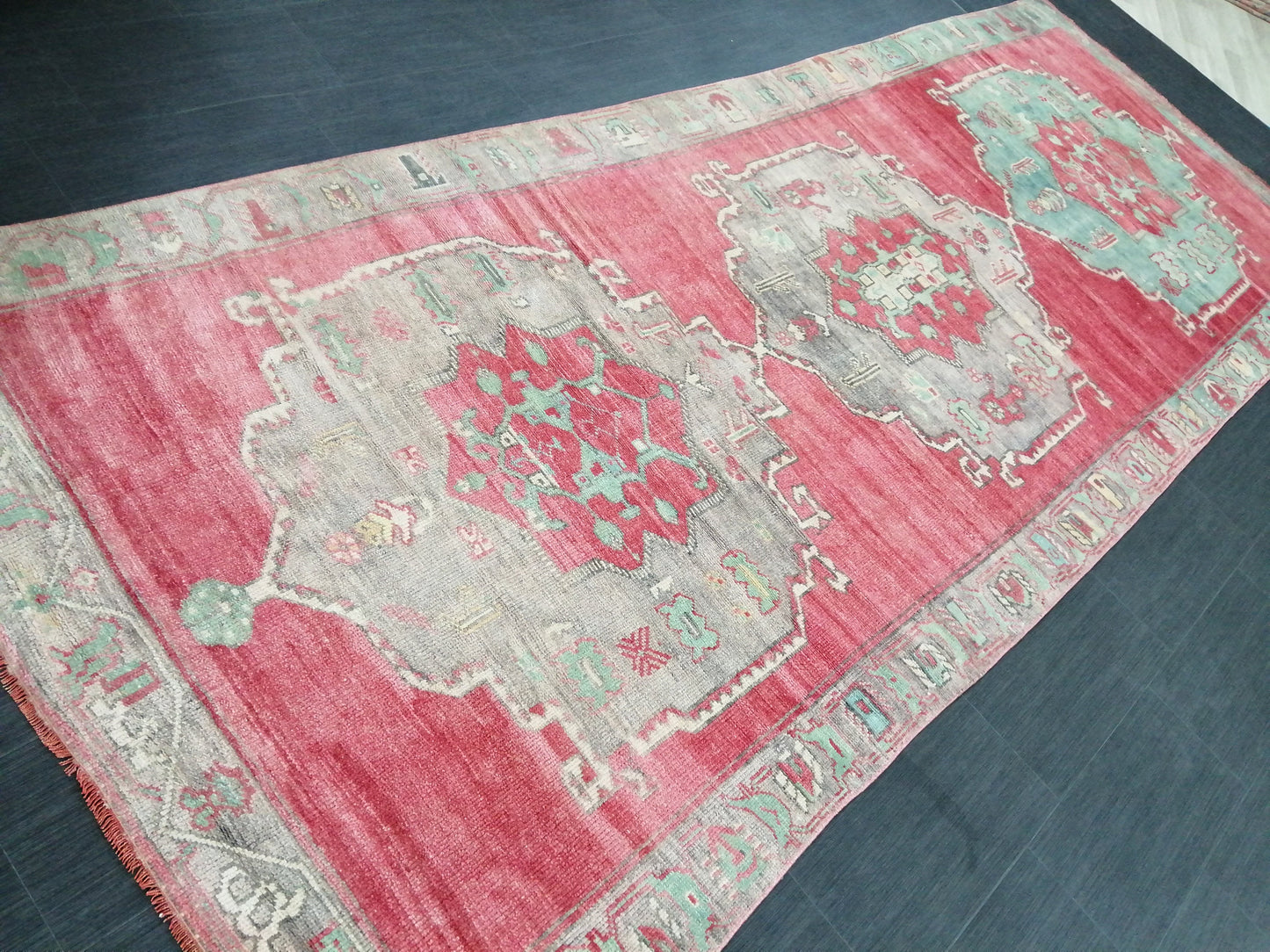 Oushak Runner Rug 12.4 x 4.9 Turkish Runner Rug Muted Vintage Runner Rug Hallway Runner Rug Kitchen Runner Rug Wool Runner Rug