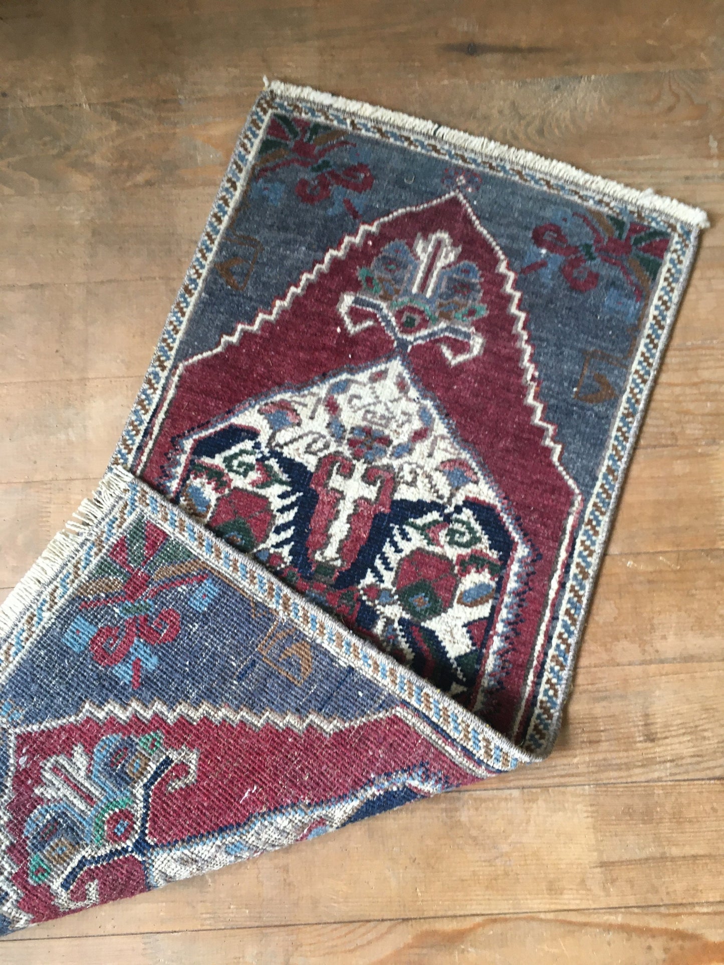 1.3x2.8 feet wool handmade kitchen floor mini rug, small door mat red, living room area mini rug, turkish vintage blue bedroom rug, bath mat