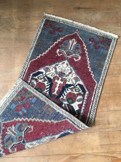 1.3x2.8 feet wool handmade kitchen floor mini rug, small door mat red, living room area mini rug, turkish vintage blue bedroom rug, bath mat